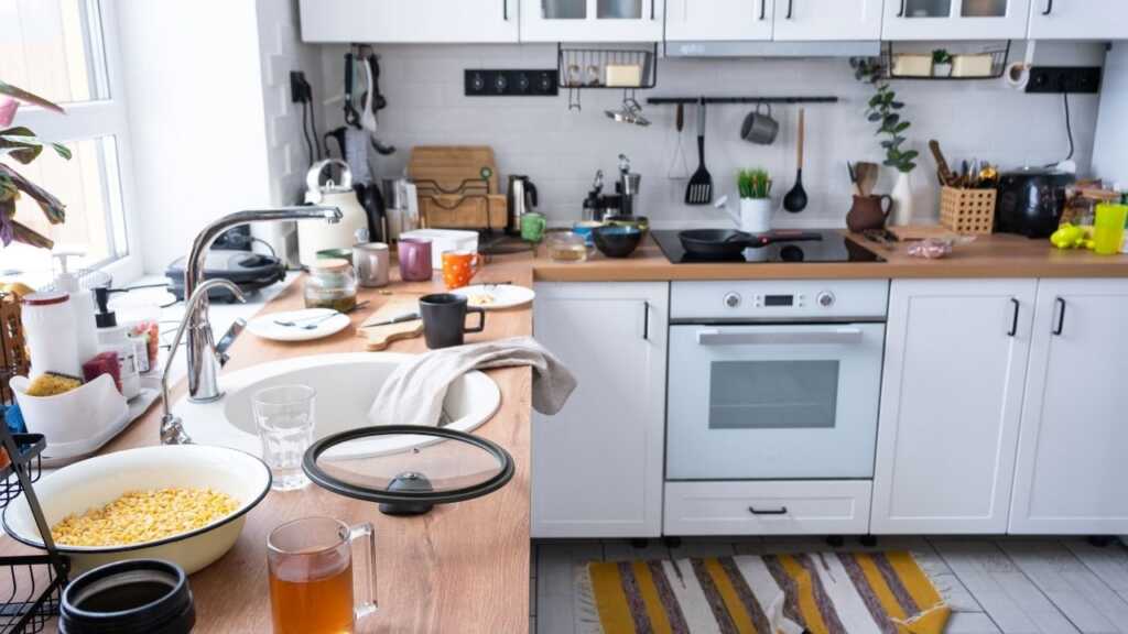Stanza disordinata piena di oggetti prima del decluttering