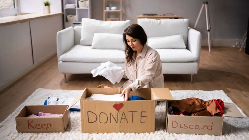 Scatole etichettate per donazioni, vendite e riciclaggio durante il decluttering